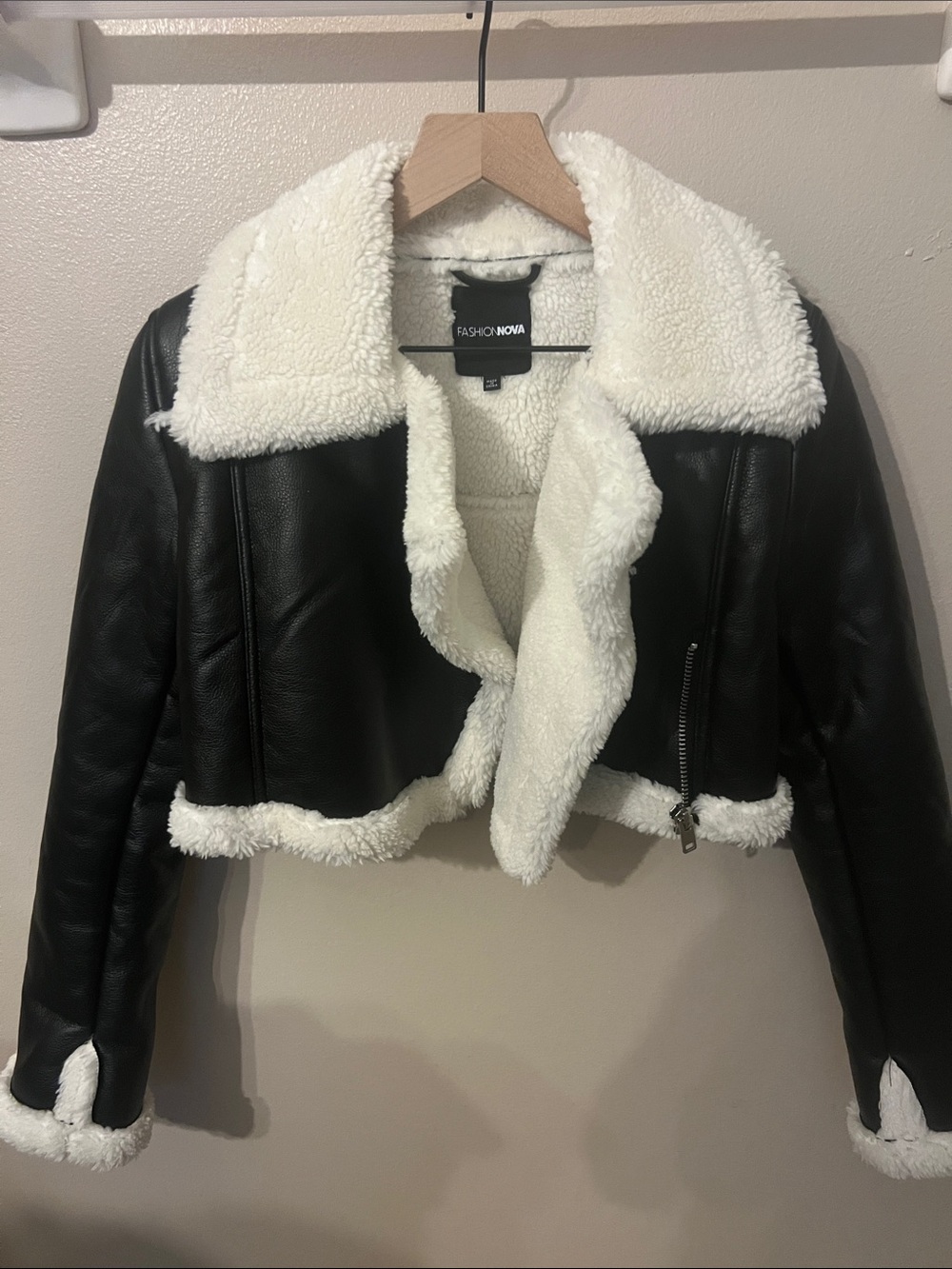 XS- Fashion Nova Black Jacket with White Sherpa Trim